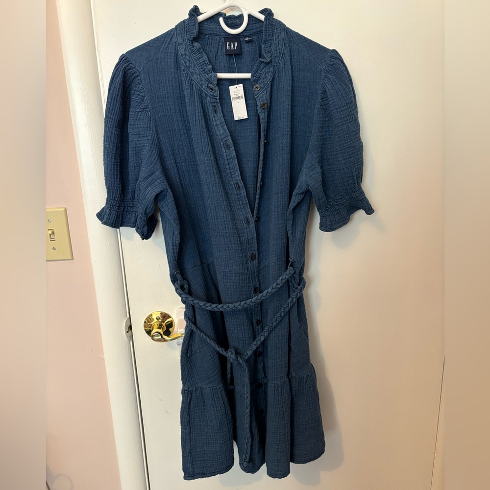 Gap Crinkle Gauze Denim Short Sleeve Dress Size L NWT